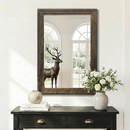 Farmhouse Rustic Wood Framed Bathroom Vanity Mirror for Wall, 24x36, Brown | Recessed Stepped Solid Wood Frame, HD Shatterproof Glass, Vertical/Horizontal Mount, for Bathroom Sink, Living Room, Entryway