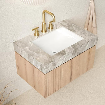 Ambrovina 30" Floating Bathroom Vanity with Sink, Modern Plywood Bathroom Storage Cabinet with Drawer and Door, Gray Sintered Stone Countertop and 3 Pre-drilled Faucet Holes Ceramic Basin, Light Oak
