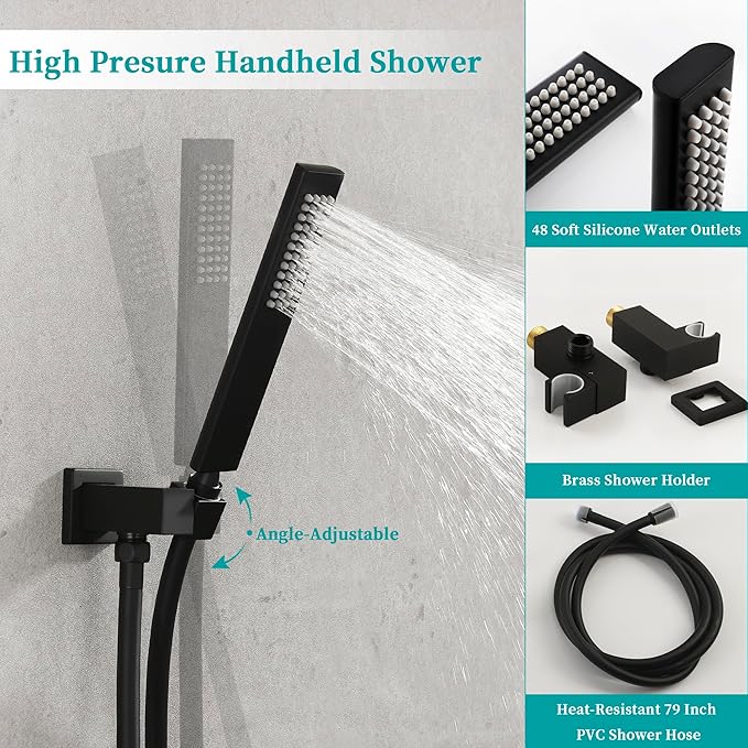 SKOWLL Shower Faucets Sets Complete Ceiling Mount 12 Inch LED Shower Head System with Handheld, Bathroom Rainfall Shower Fixtures Valve Kit, 3 Color Changing Showerhead, Matte Black