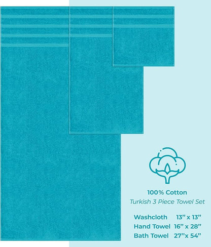 American Soft Linen Premium 3 Piece Towel Set, 1 Bath Towel 1 Hand Towel 1 Washcloth, 600 GSM 100% Cotton Turkish Towels for Bathroom, Aqua Blue Towel Set