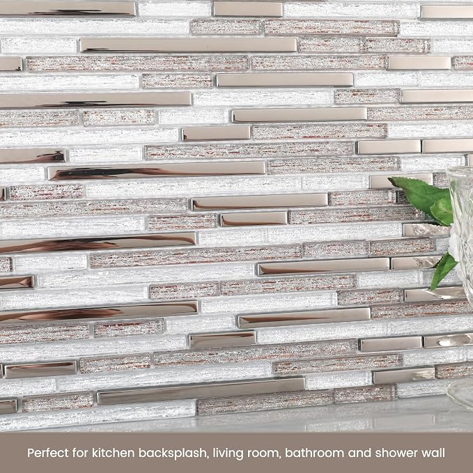 Glass Tiles Mosaic Backsplash Silver 12 Inch (5-Pack, 5 sq.ft.) | Brown Strip for Kitchen Bathroom and Shower Backsplash