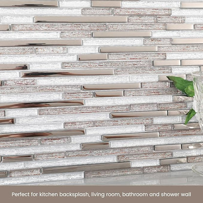 Glass Tiles Mosaic Backsplash Silver 12 Inch (5-Pack, 5 sq.ft.) | Brown Strip for Kitchen Bathroom and Shower Backsplash