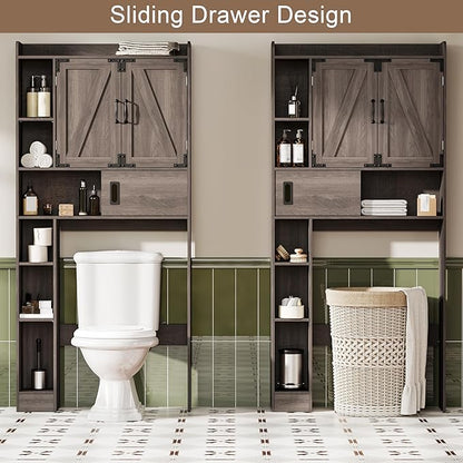 ChooChoo Over The Toilet Storage Cabinet, Farmhouse Bathroom Storage Cabinet with Sliding Door, Over Toilet Storage with Adjustable Shelves, Space-Saving, Grey