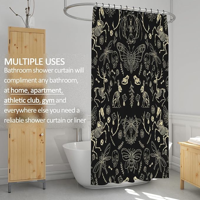 Black Goth Witchy Skull Shower Curtain Gothic Home Gift Set 72x72 Inches | Wild Animal Skeleton Goth Witchy Moth Print, Urban Home Guest Housewarming Gothic Lover Bath Decor, With Fabric Hooks