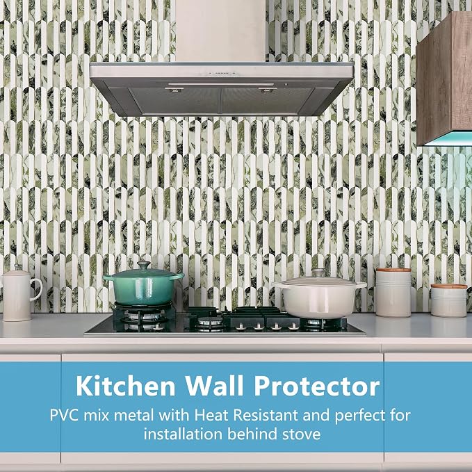 Vamos Tile Peel and Stick Backsplash Seamless Tile,Fish Scale,Glossy,10 pcs | Stick on Backsplash for Kitchen & Bathroom, White+Ice Green Marble+Light Gold PVC Self Adhesive Mosaic Tiles 11.9''x10.8''