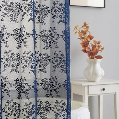 TUDECO Navy Blue Lace Stall Shower Curtain with Valance 36''W x 72''L | Narrow, Half Size, for Boys Mens Bathroom, Retro Floral, Semi-Sheer, Scalloped Edges, Reinforced Holes, Machine Washable
