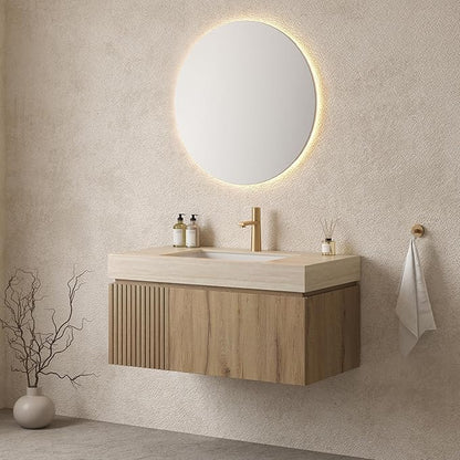 Ambrovina 36 inch Bathroom Vanity with Sink, Wall Mounted Storage Vanities with Drawer and Door, Roma Travertine-Pattern Countertop and Ceramic Basin, Pre-Assembled Cabinet, Light Wooden Color