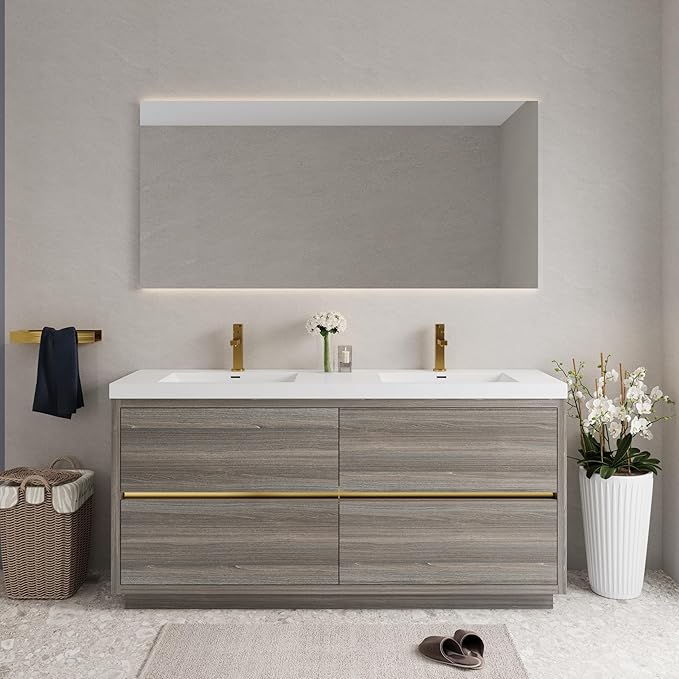 72" Freestanding Bathroom Vanity with 2 Sinks, Storage Cabinet with Stone Resin Countertop, 4 Soft Close Drawers, Espresso Wood, Pre-Assembled Base, Ash Grey