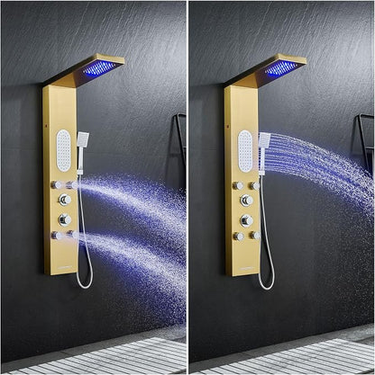 5-Jet LED Shower Panel Tower System Stainless Steel Brushed Gold | Rainfall head | 5 body jets | Handheld shower | LED lights | Brushed gold finish | Wall mount