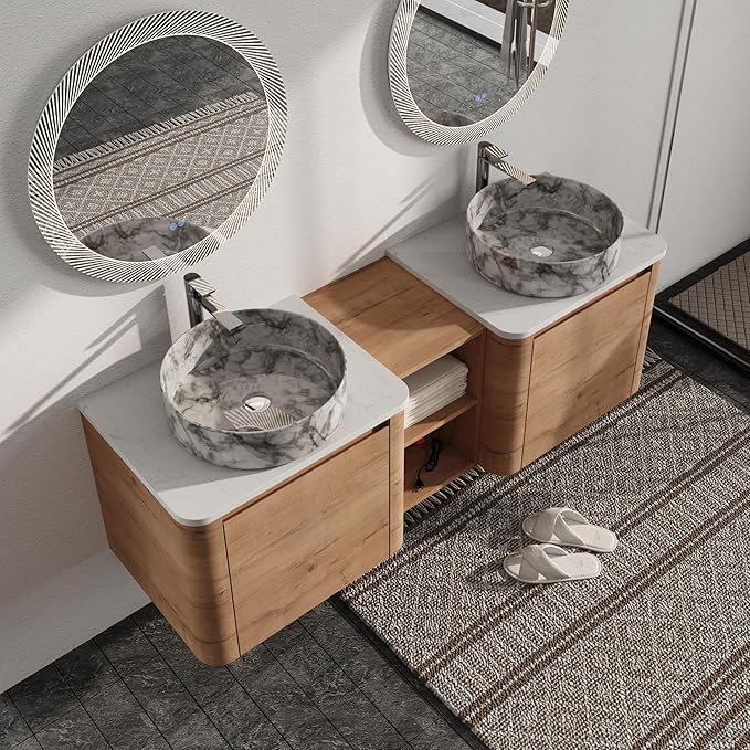 Malwee 60" Floating Bathroom Vanity with Sink, 60 Inch Wall Mounted Bathroom Cabinet Combo, Modern Double Sink Bath Storage Vanity Set, with 2 Soft Close Doors and Ceramic Vessel Basin Top(60-QQ
