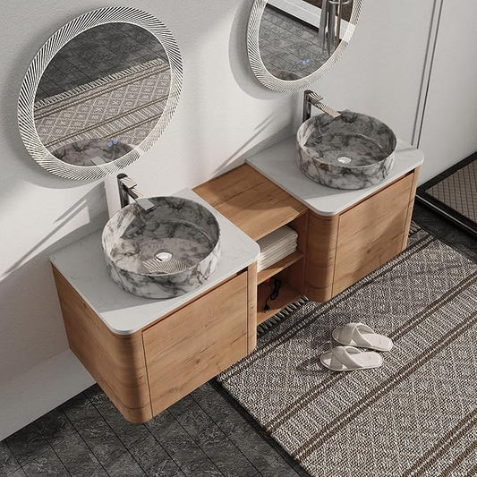 Malwee 60" Floating Bathroom Vanity with Sink, 60 Inch Wall Mounted Bathroom Cabinet Combo, Modern Double Sink Bath Storage Vanity Set, with 2 Soft Close Doors and Ceramic Vessel Basin Top(60-QQ