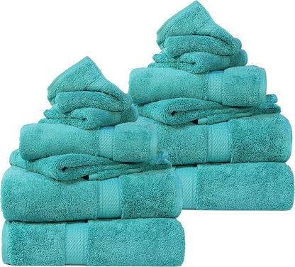 SUPERIOR Egyptian Cotton Ultra Plush & Absorbent, 12 Piece Set, Turquoise | Heavyweight 12 Pc Egyptian Cotton Towel Set Includes 4 Bath Towels 4 Hand Towels 4 Washcloths Decorative Rope Border