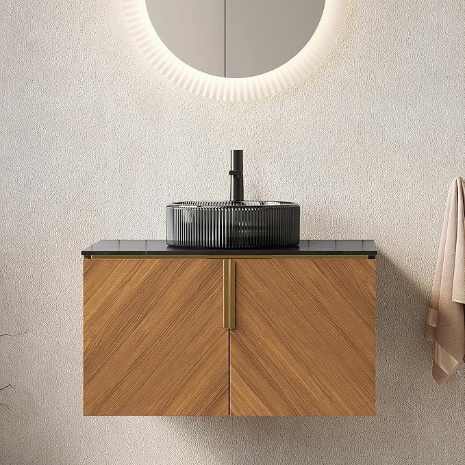 30 Inch Bathroom Vanity with Sink Combo, Floating Vanity Bathroom with Vessel Sink, Modern Bathroom Vanity Cabinet with Doors, Sintered Stone Countertop and Black Glass Sink,Brown Oak