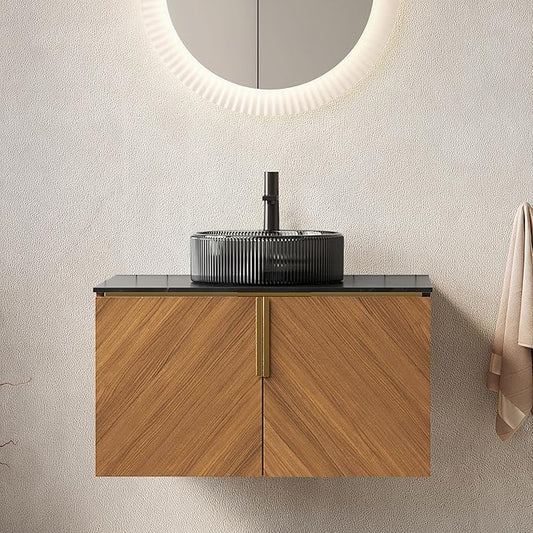 30 Inch Bathroom Vanity with Sink Combo, Floating Vanity Bathroom with Vessel Sink, Modern Bathroom Vanity Cabinet with Doors, Sintered Stone Countertop and Black Glass Sink,Brown Oak