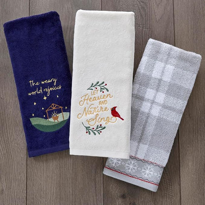 SKL Home Christmas/Winter Heaven & Nature Sing Hand Towel Set-2pc, Natural | 100% Cotton. Soft, embroidered velour. Great for the bathroom, kitchen or bar & holiday gifting.
