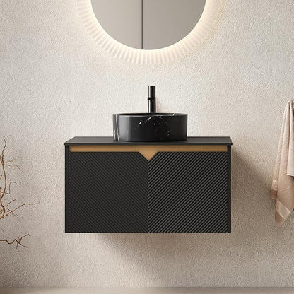 Bathroom Vanity with Sink 30 Inch, Floating Modern Vanity with Vessel Sink, Fluted Bathroom Vanity Cabinet with 2 Doors with Metal Trim, Black Round Sink & Sintered Stone Top, Black