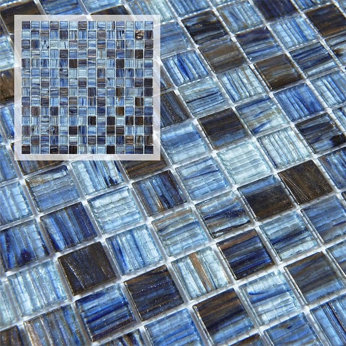 Mesh-Mounted Glass Mosaic Tile Backsplash, 12” x 12” Mixed Blue Wall Glass Backsplash Tile for Kitchen Bathroom Swimming Pool (8 Sheets, 8 sq.ft)