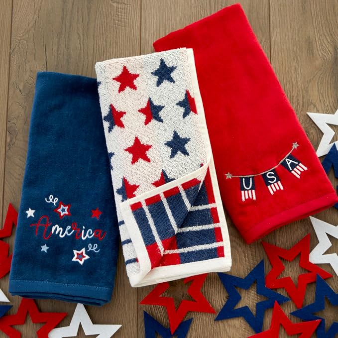 SKL Home Red White and Stars Hand Towel Set-2pc, Reversible Jacquard, Multi | 100% Cotton. Fun for Memorial Day/4th of July/Labor Day & all patriotic holidays. For the bathroom, kitchen or bar.