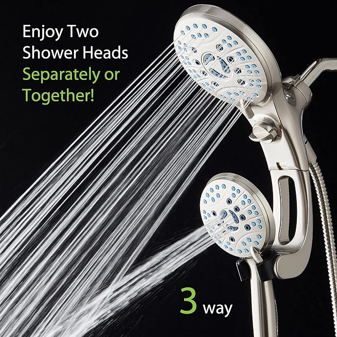 AquaCare 50-mode High Pressure Shower Head Combo with Arm & Dual Power Wash | Hygienic Jets, 2-mode Handheld Power Wash for Tub, Tile & Pets, Long 6 ft. Stainless Steel Hose, Extra Wall Bracket / Nickel