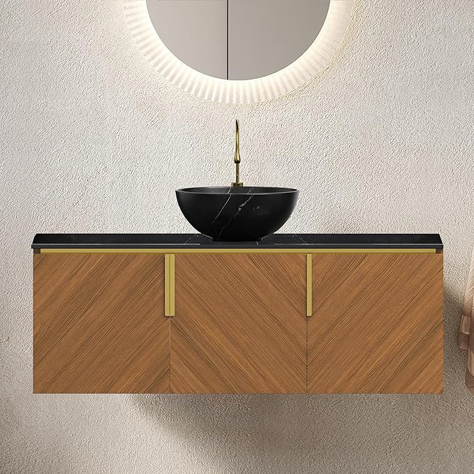 48 Inch Bathroom Vanity with Single Sink, Floating Bathroom Vanity with Vessel Sink, Modern Bathroom Vanity Cabinet with 3 Doors, Sintered Stone Countertop and Bowl Basin, Brown Oak