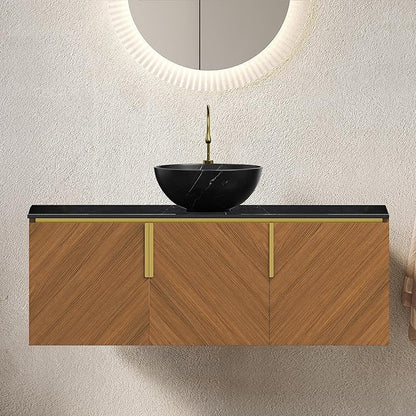 48 Inch Bathroom Vanity with Single Sink, Floating Bathroom Vanity with Vessel Sink, Modern Bathroom Vanity Cabinet with 3 Doors, Sintered Stone Countertop and Bowl Basin, Brown Oak