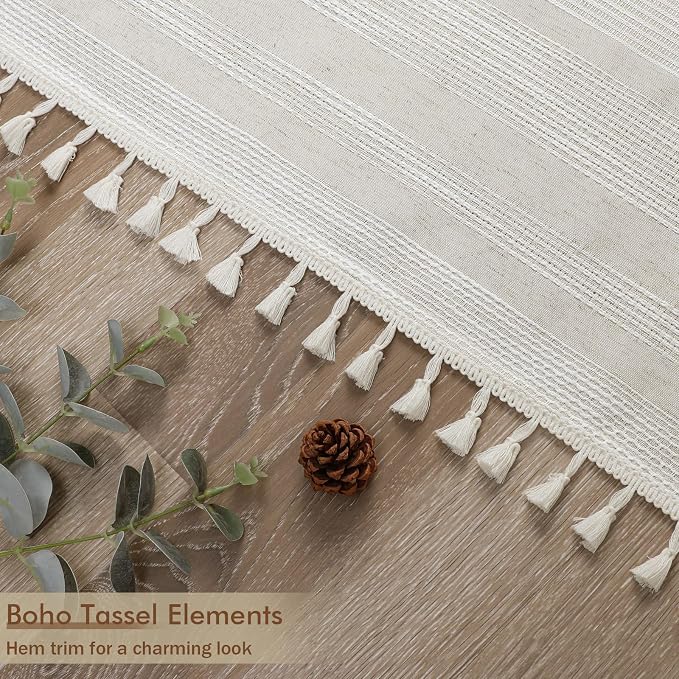 Linen Shower Curtain 78 Inch Long, Boho Farmhouse Thick Striped Fabric Hotel Shower Curtain with Tassel, Minimalist Textured Weighted Machine Washable Bathroom Decor, 72Wx78L Inches