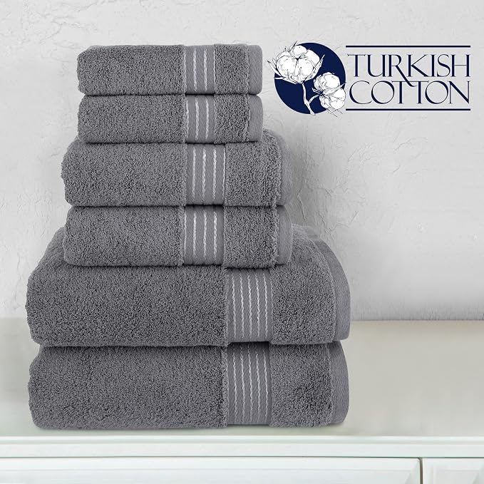 Elegant Comfort Premium Cotton 6-Piece Towel Set, Includes 2 Washcloths, 2 Hand Towels and 2 Bath Towels, 100% Turkish Cotton - Highly Absorbent and Super Soft Towels for Bathroom, Grey