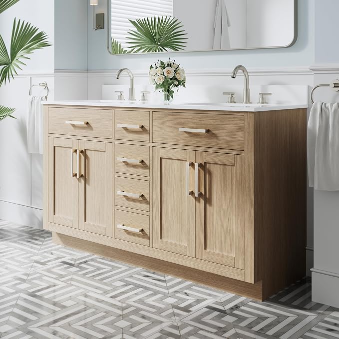 60-Inch Bathroom Vanity with Double Sinks W/ 4 Doors & 4 Drawers & 2 Flip Drawers, Oak Vanity W/Brushed Nickel Handles