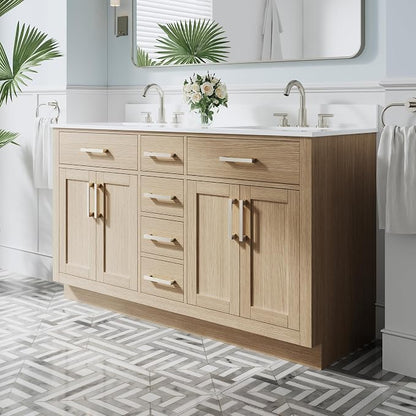 60-Inch Bathroom Vanity with Double Sinks W/ 4 Doors & 4 Drawers & 2 Flip Drawers, Oak Vanity W/Brushed Nickel Handles