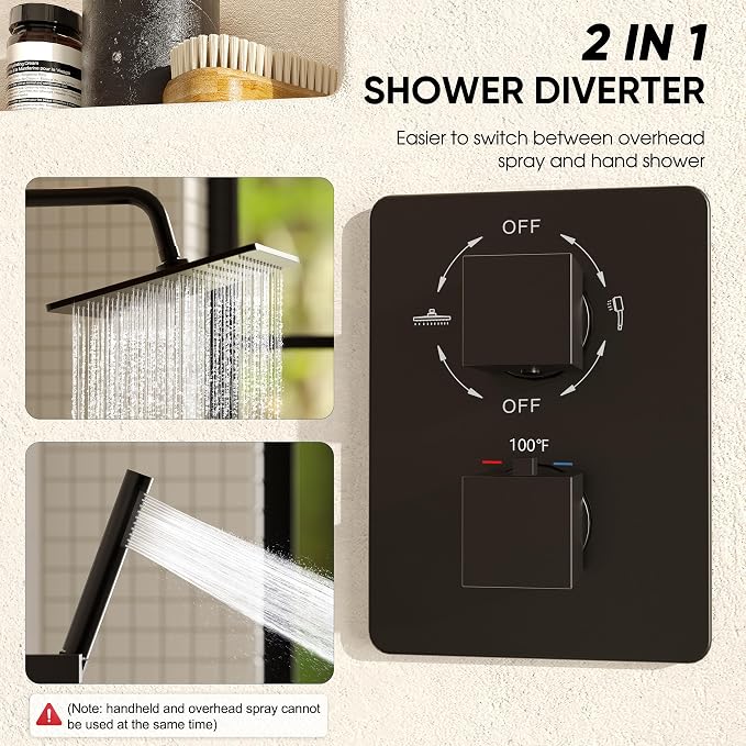 Esnbia Thermostatic Black Shower System, All Metal Shower Faucet Set with 10 Inches Rain Shower Head, Rainfall Shower Heads with Handheld Spray Combo，Anti-Scald Shower Combo Set, Matte Black