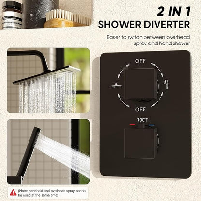 Esnbia Thermostatic Black Shower System, All Metal Shower Faucet Set with 10 Inches Rain Shower Head, Rainfall Shower Heads with Handheld Spray Combo，Anti-Scald Shower Combo Set, Matte Black