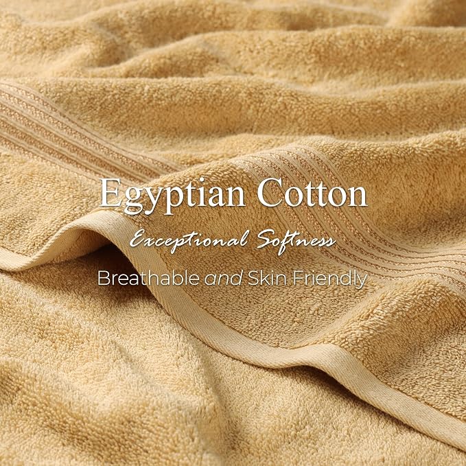 Superior Egyptian Cotton Bath Towel Set, Home Bathroom Towels, Master, Guest Bath, Decor Essentials, Quick Dry, Absorbent, Large Body Towels, Spa, Hotel, Resort, Adult, Kids, Set of 2, Gold