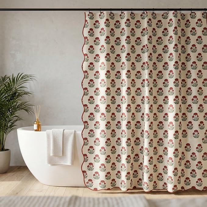 Boomkin Block Print Scalloped Shower Curtain Set with 12 Hooks | Red Shower Curtain Linen Textured Cottage Core Floral Bathroom Curtain for Vintage Farmhouse Bathroom 72 x 72 Inch