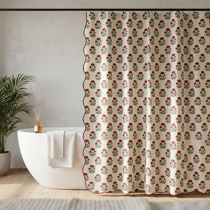 Boomkin Block Print Scalloped Shower Curtain Set with 12 Hooks | Red Shower Curtain Linen Textured Cottage Core Floral Bathroom Curtain for Vintage Farmhouse Bathroom 72 x 72 Inch