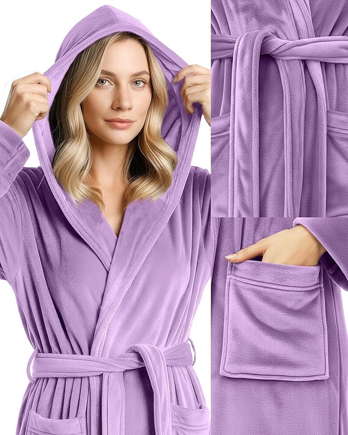 NY Threads Women's Fleece Hooded Bathrobe Plush Long Spa Robe, Medium