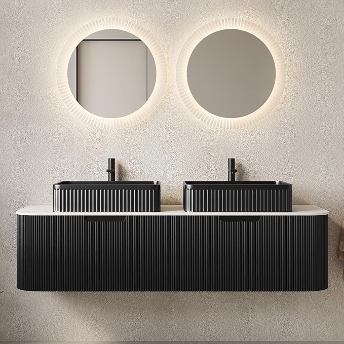 Yayzy 60" Floating Bathroom Vanity with Sink, Solid Wood Fluted Cabinet, Black Fluted Square Ceramic Basin & Faux Marble Top, Soft-Close Drawer, Pre-Assembled, Gloss Black