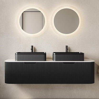 Yayzy 60" Floating Bathroom Vanity with Sink, Solid Wood Fluted Cabinet, Black Fluted Square Ceramic Basin & Faux Marble Top, Soft-Close Drawer, Pre-Assembled, Gloss Black