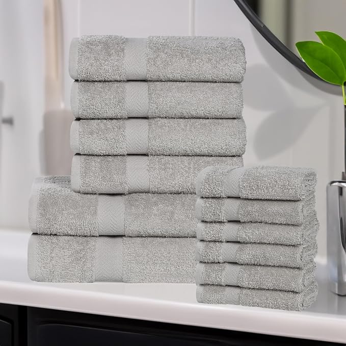 Superior 12-Piece Cotton Assorted Towel Set, Includes 6 Face Towel, 4 Hand, and 2 Bath Towels, Home, Bathroom, Guest Bath Essentials, Quick Dry, Absorbent, Franklin Collection - Silver