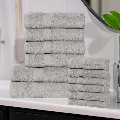 Superior 12-Piece Cotton Assorted Towel Set, Includes 6 Face Towel, 4 Hand, and 2 Bath Towels, Home, Bathroom, Guest Bath Essentials, Quick Dry, Absorbent, Franklin Collection - Silver