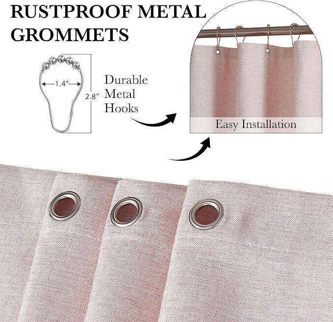 KGORGE Pink Shower Curtain Scalloped, Blush Cute Linen Textured Privacy Boho Heavy Duty Waterproof Washable Shower Curtain Set for Bathroom Home Decor with 12 Metal Hooks, 72 x 72 inches Long