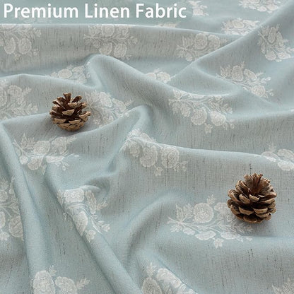 ORTIGIA Linen Textured Ruffle Shower Curtain with Metal Hooks, Blue Vintage Block Print Floral Boho Waterproof Bath Curtain for Rustic Farmhouse Bathroom Decor 72x72 Inch