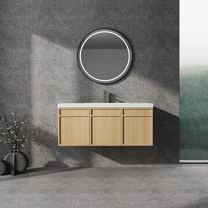 48" Wall Mounted Bathroom Vanity with Resin Sink, Floating Vanity with 3 Soft Closing Doors, Original Oak Plywood (KD-Packing)