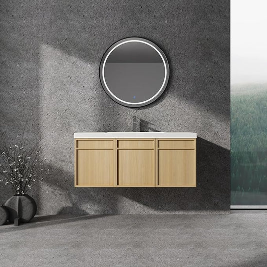 48" Wall Mounted Bathroom Vanity with Resin Sink, Floating Vanity with 3 Soft Closing Doors, Original Oak Plywood (KD-Packing)