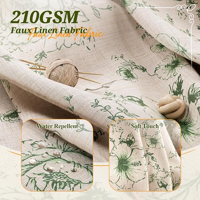Vintage Green Floral Shower Curtain with 12 Clear Rings - 72" W x 84" L | Farmhouse Fabric Faux Linen Shower Curtain Set, French Country Cottagecore Style Shower Curtain for Bathroom