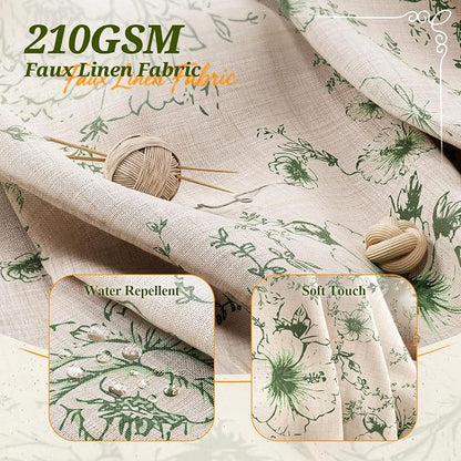 Vintage Green Floral Shower Curtain with 12 Clear Rings - 72" W x 72" L | Farmhouse Fabric Faux Linen Shower Curtain Set, French Country Cottagecore Style Shower Curtain for Bathroom