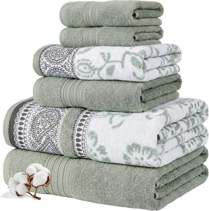 Modern Threads 6 Piece Bath Towel Set – Bathroom Set with 2 Bath Towels, 2 Hand Towels, and 2 Wash Cloths – 100% Cotton, Super Absorbent & Extra Soft – Reversible Floral Trail (Sage Green)