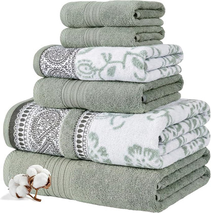 Modern Threads 6 Piece Bath Towel Set – Bathroom Set with 2 Bath Towels, 2 Hand Towels, and 2 Wash Cloths – 100% Cotton, Super Absorbent & Extra Soft – Reversible Floral Trail (Sage Green)