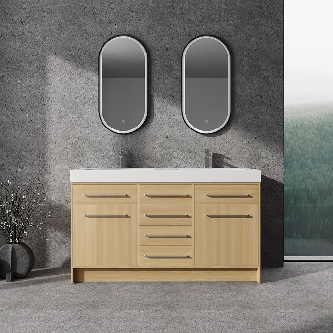 60" Freestanding Bathroom Vanity with Sink | 2 Soft Closing Doors & 6 Drawers Freestanding Vanity with Double Resin Sink, Original Oak Plywood (KD-PACKING)