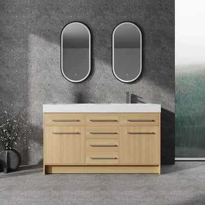 60" Freestanding Bathroom Vanity with Sink | 2 Soft Closing Doors & 6 Drawers Freestanding Vanity with Double Resin Sink, Original Oak Plywood (KD-PACKING)