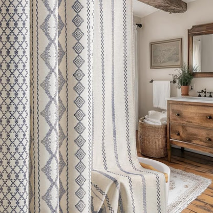 Navy Blue Shower Curtain,Boho Linen Fabric for Bathroom with Striped Print,72" W x 72" L